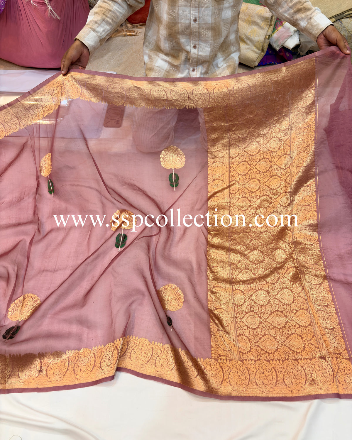 Dusty-Rose Pure Kora Silk Tilfi Banarasi Saree
