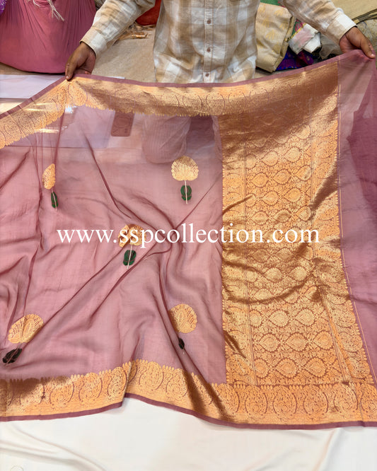 Dusty-Rose Pure Kora Silk Tilfi Banarasi Saree
