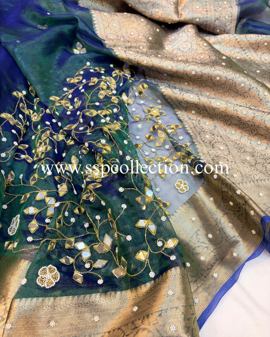 Peacock-Blue Pure Tissue Silk Zardozi Banarasi Saree