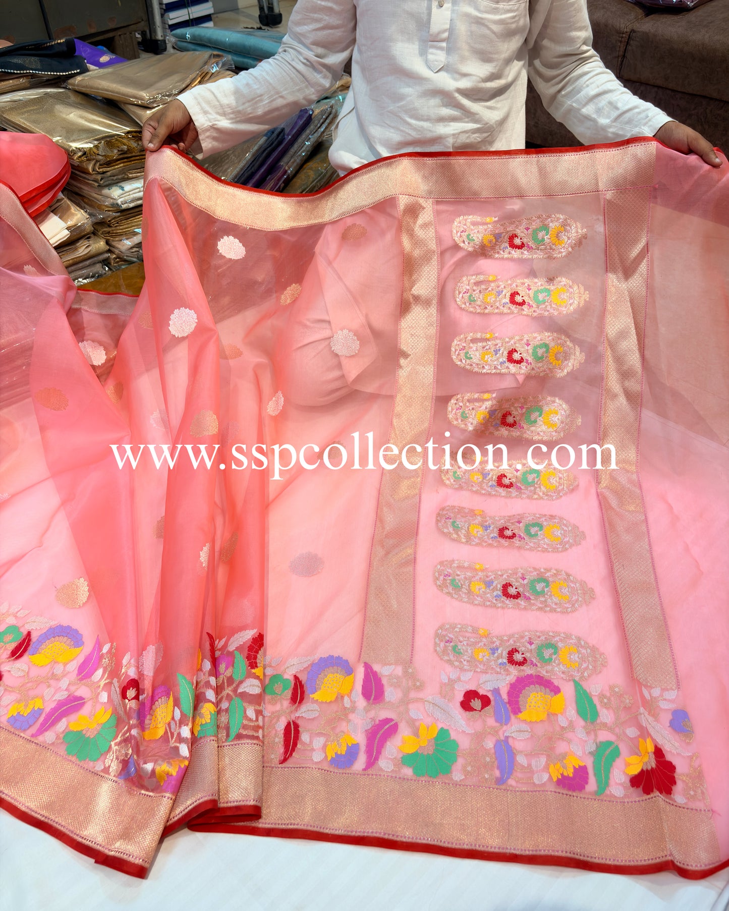 Peach Pure Kora Silk Banarasi Saree