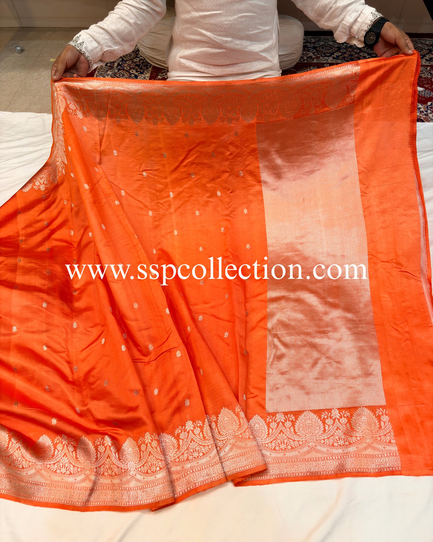 Red-Orange Pure Mango Silk Banarasi Saree