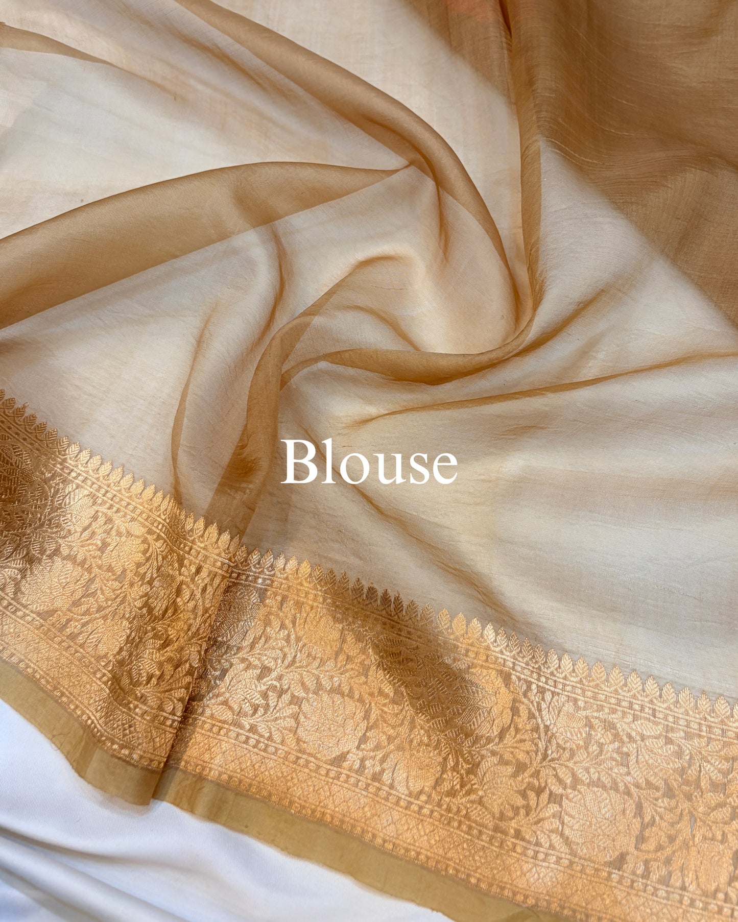 Beige-Gold Pure Kora Silk Tilfi Buta Banarasi Saree