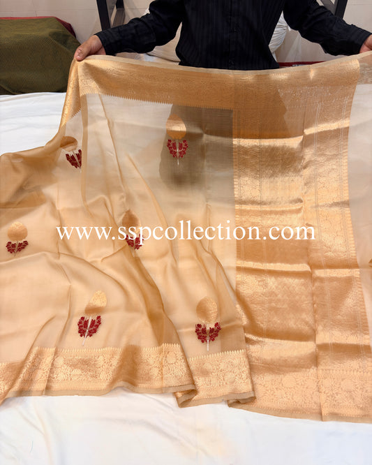 Beige-Gold Pure Kora Silk Tilfi Buta Banarasi Saree