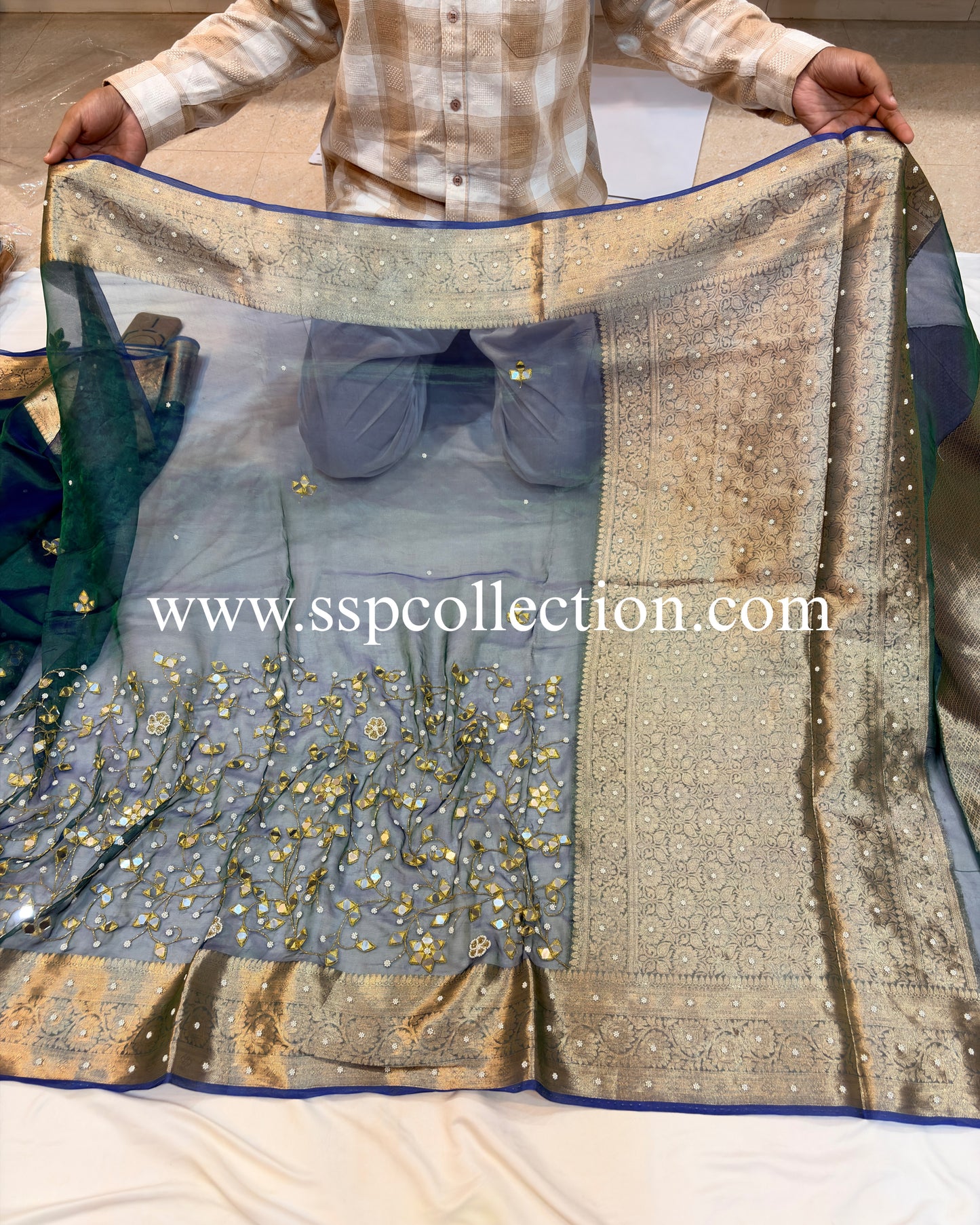 Peacock-Blue Pure Tissue Silk Zardozi Banarasi Saree