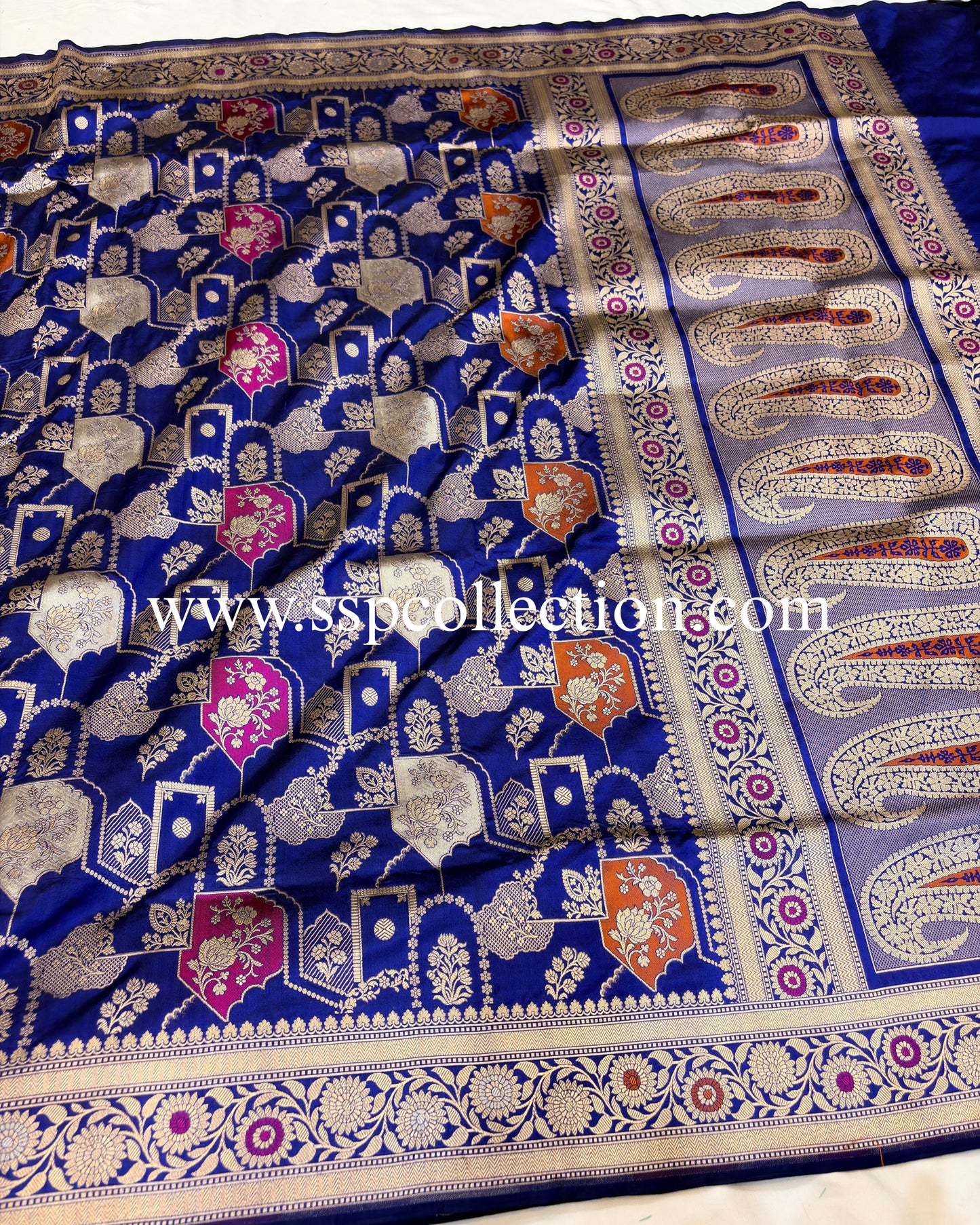 Navy-Blue Pure Katan Silk Meenakaari Banarasi Saree