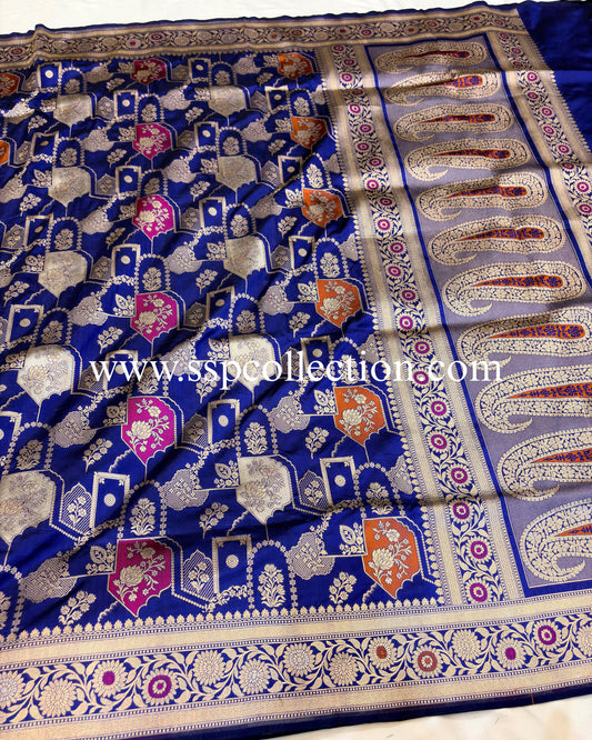 Navy-Blue Pure Katan Silk Meenakaari Banarasi Saree