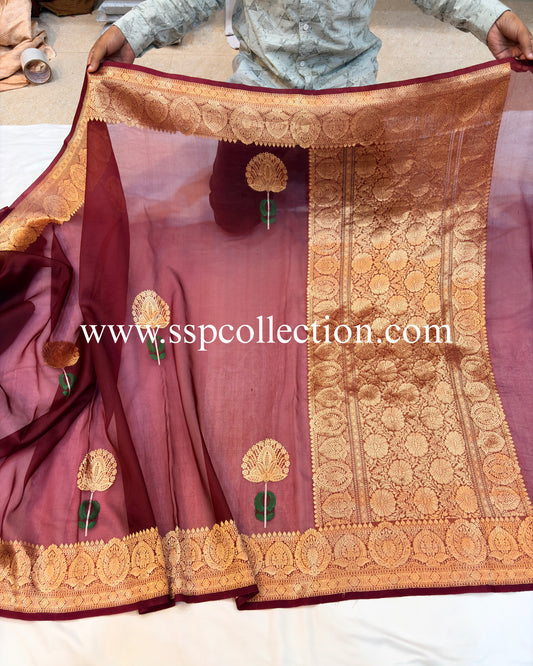 Maroon Pure Kora Silk Tilfi Buta Banarasi Saree