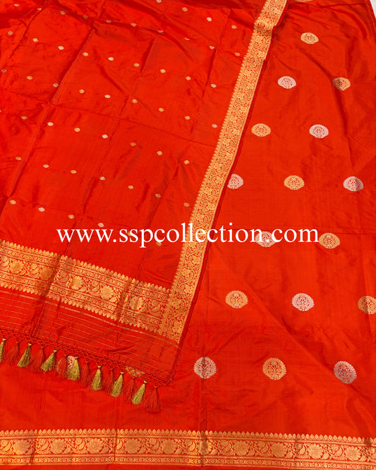 Red-Orange Pure Katan Silk Banarasi Suit