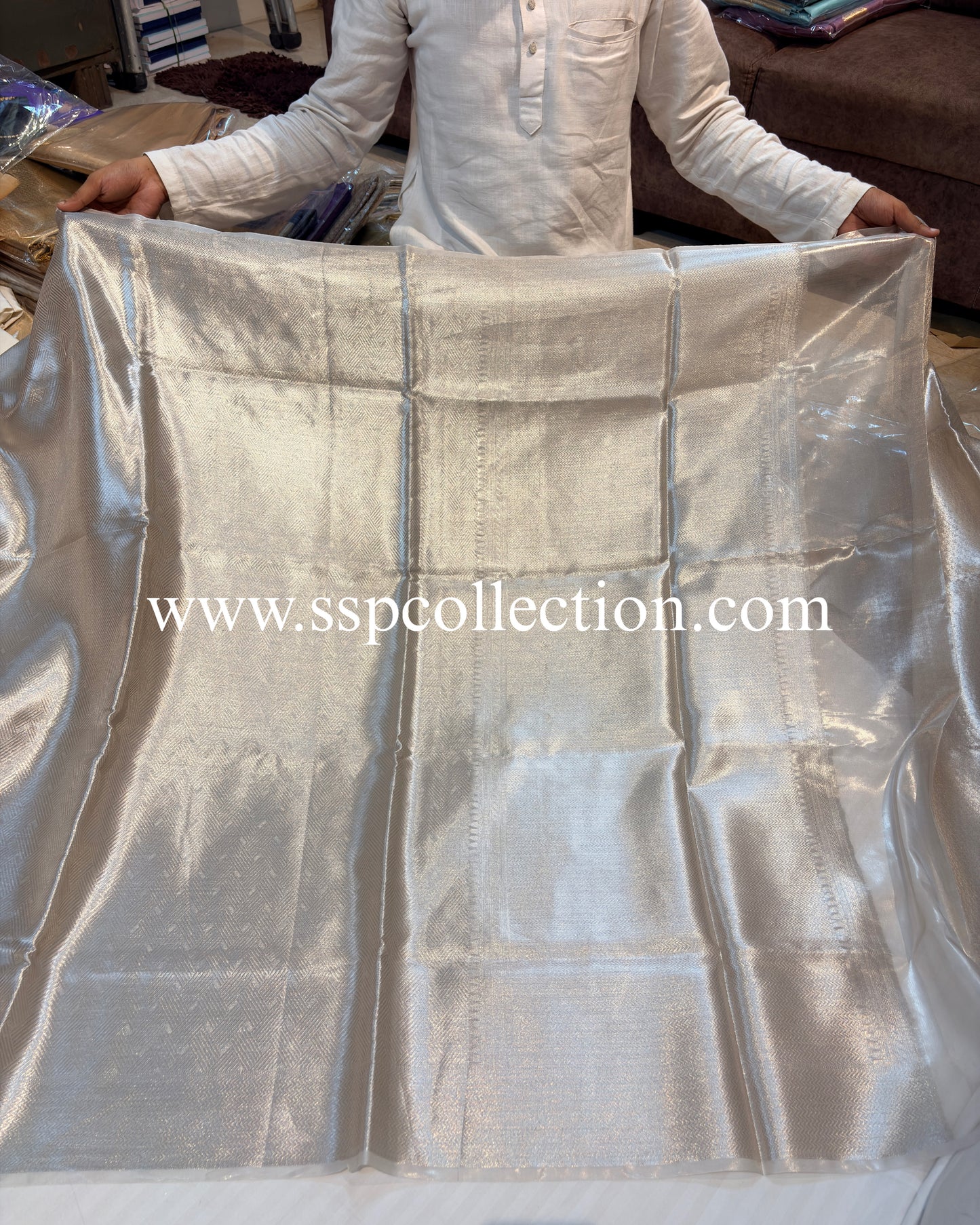 Silver Pure Molten Tissue Silk Brocade Banarasi Saree