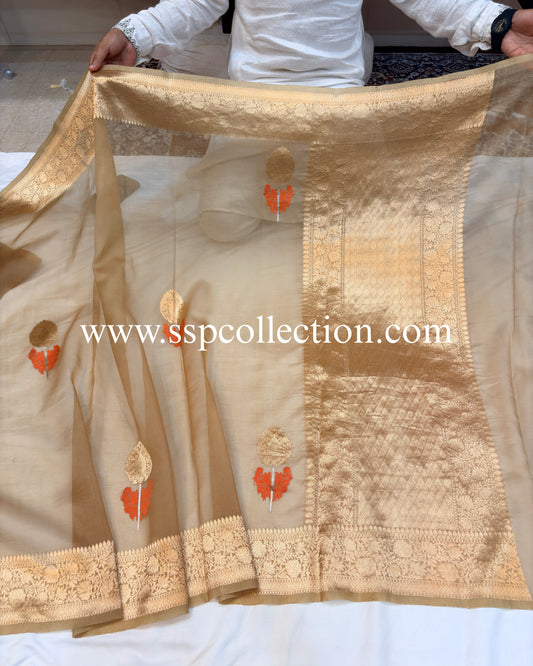 Olive-Gold Pure Kora Silk Tilfi Buta Banarasi Saree