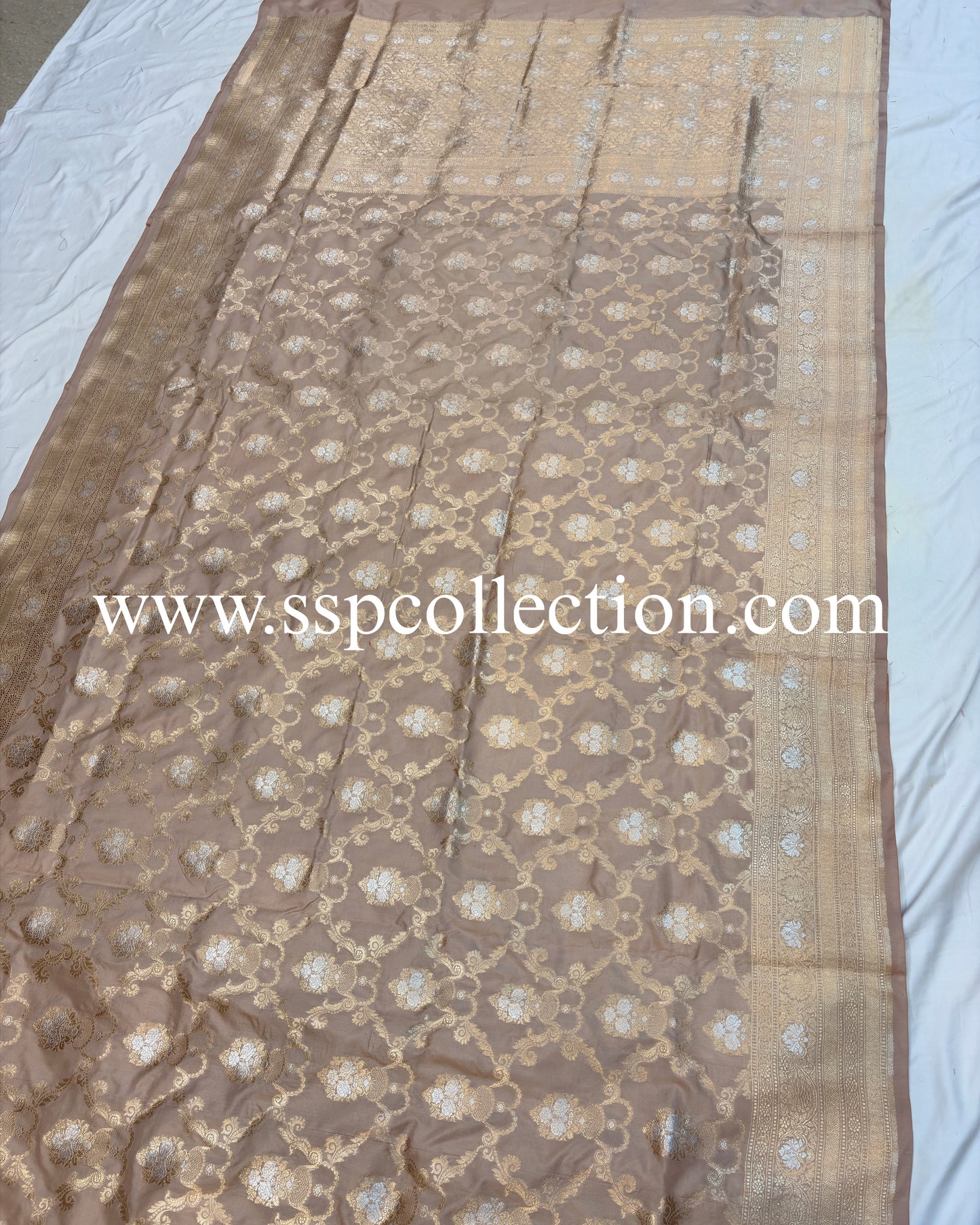 Beige Pure Katan Silk Alfi Banarasi Saree