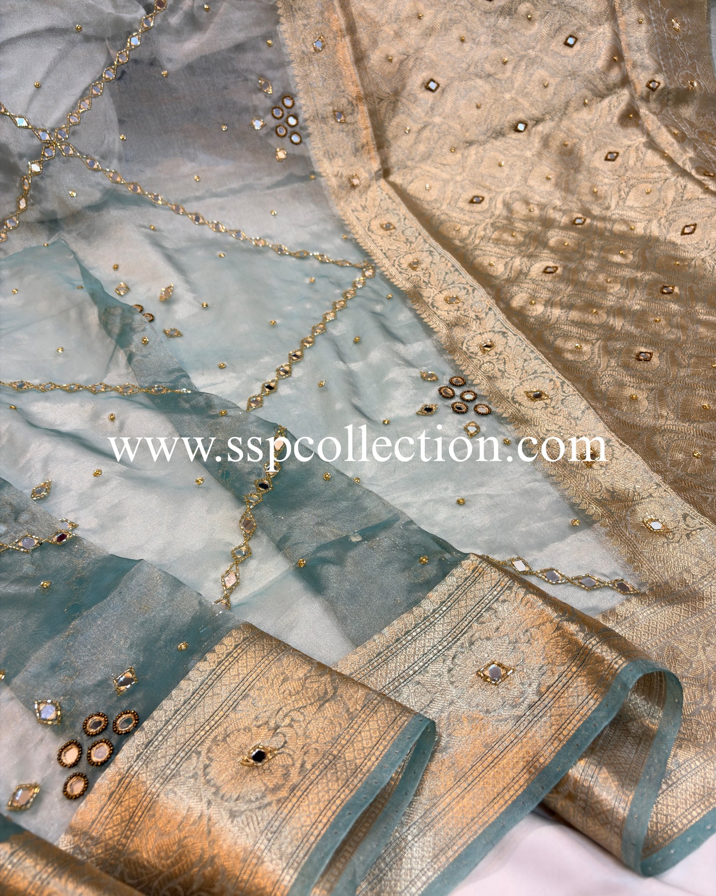 Crystal-Blue Pure Tissue Silk Zardozi Banarasi Saree