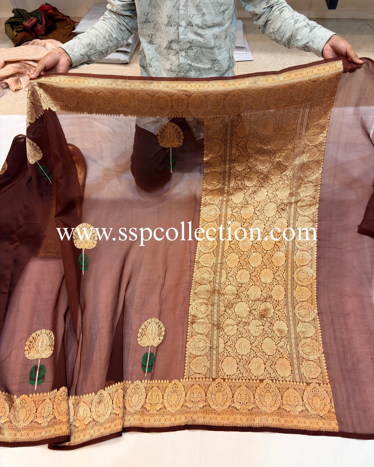 Dark-Brown Pure Kora Silk Tilfi Buta Banarasi Saree