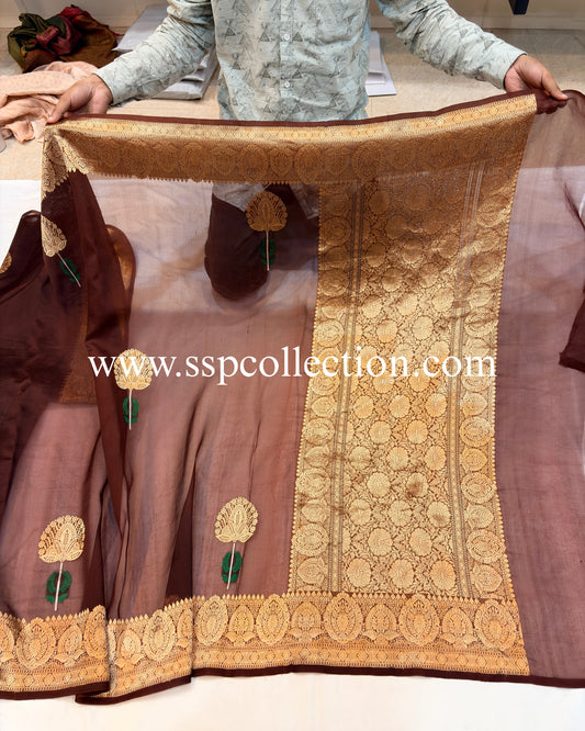 Dark-Brown Pure Kora Silk Tilfi Buta Banarasi Saree