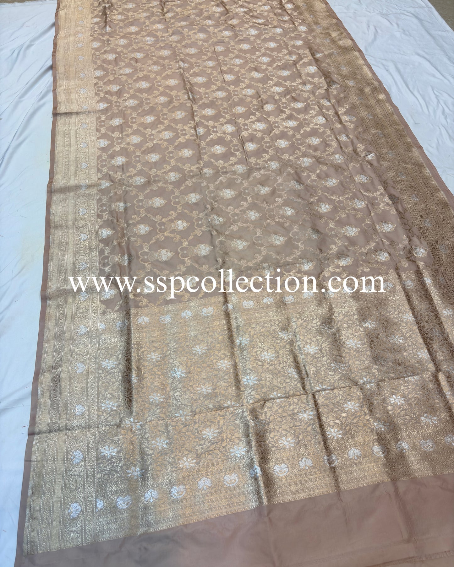 Beige Pure Katan Silk Alfi Banarasi Saree