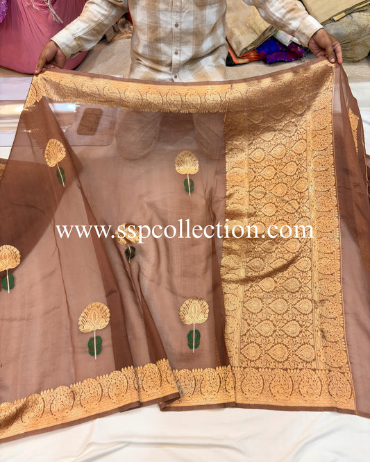 Copper-Brown Pure Kora Silk Tilfi Banarasi Saree