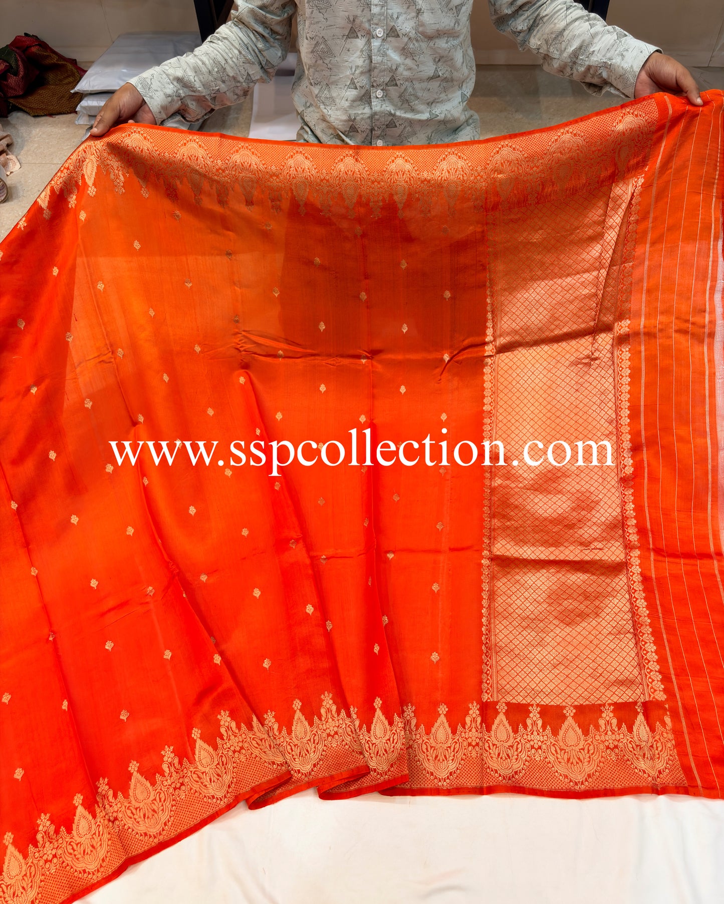 Red-Orange Pure Mango Silk Banarasi Saree