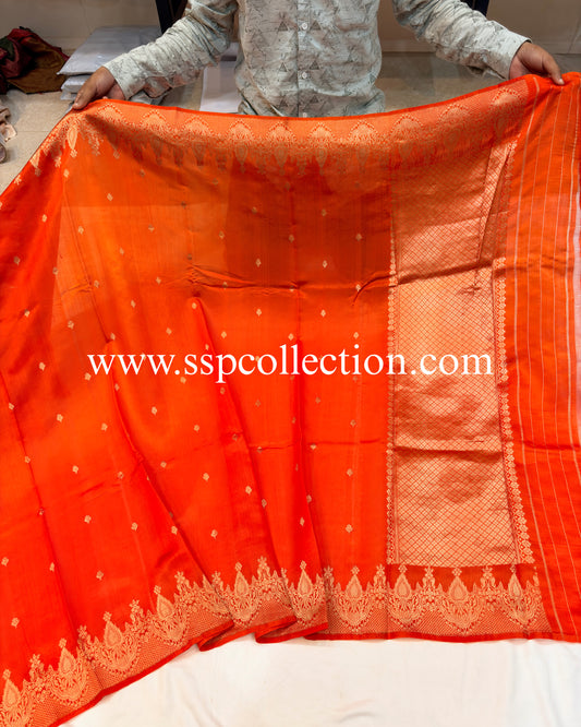 Red-Orange Pure Mango Silk Banarasi Saree