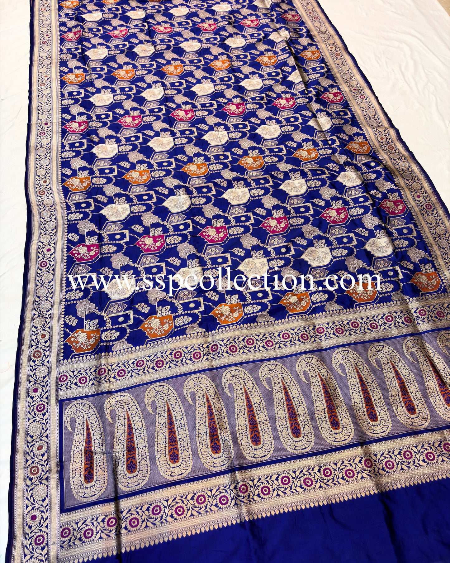 Navy-Blue Pure Katan Silk Meenakaari Banarasi Saree