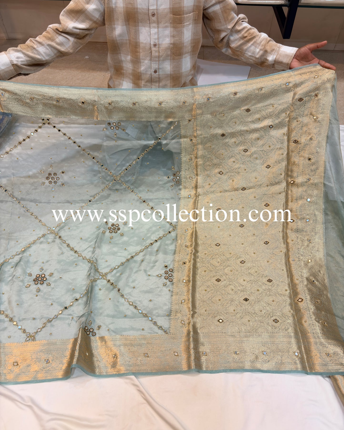 Crystal-Blue Pure Tissue Silk Zardozi Banarasi Saree