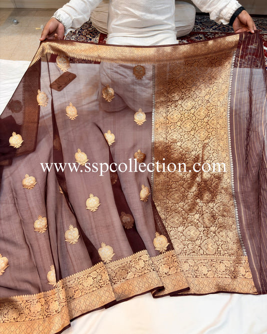 Dark-Brown Pure Kora Silk Banarasi Saree