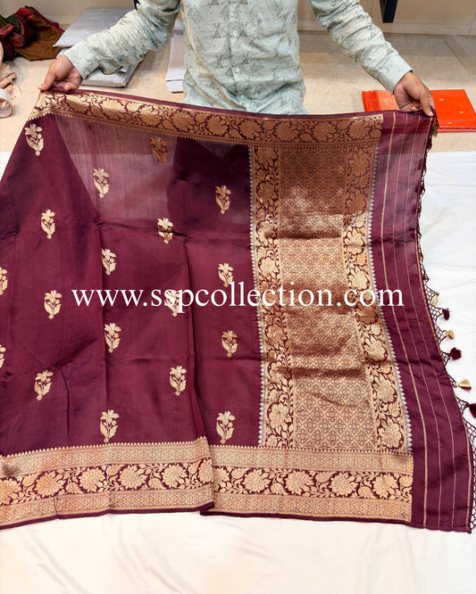 Wine Pure Mango Silk Banarasi Saree