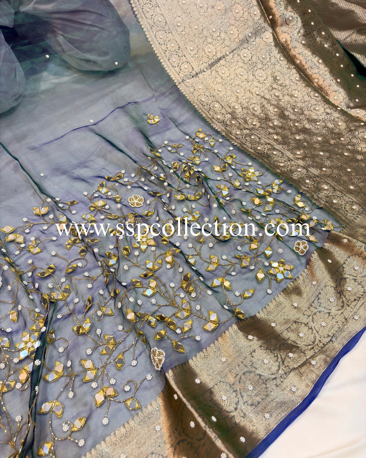 Peacock-Blue Pure Tissue Silk Zardozi Banarasi Saree
