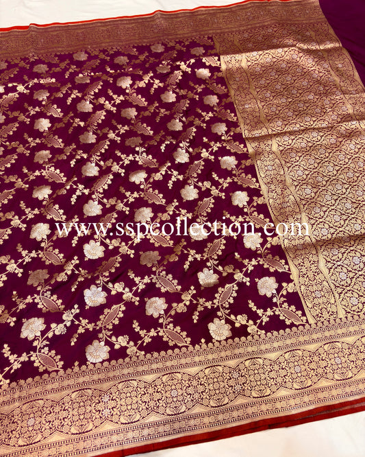 Magenta Pure Katan Silk Alfi Banarasi Saree