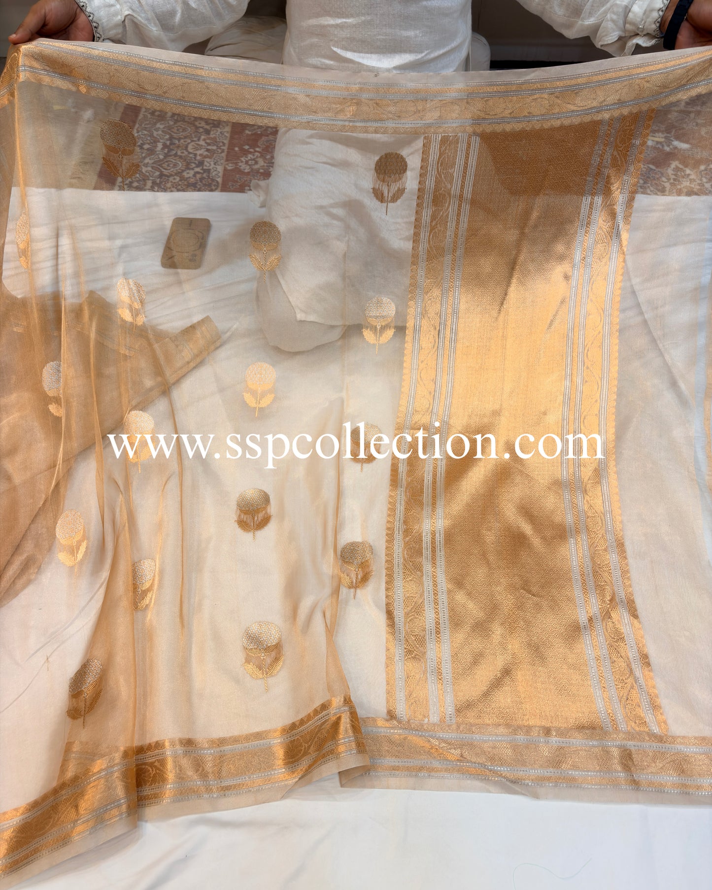 Champagne-Gold Pure Tissue Silk Banarasi Saree