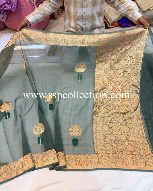 Mud-Green Pure Kora Silk Tilfi Banarasi Saree