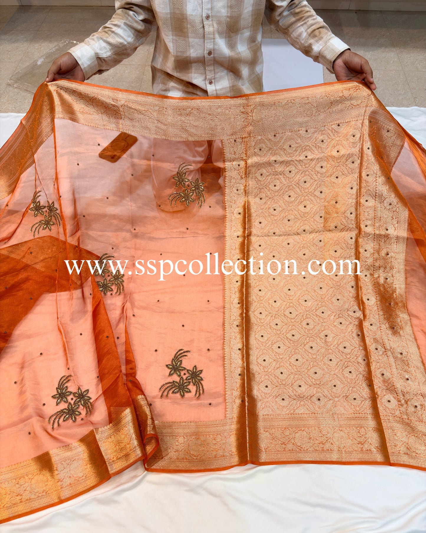 Burnt-Orange Pure Tissue Silk Zardozi Banarasi Saree