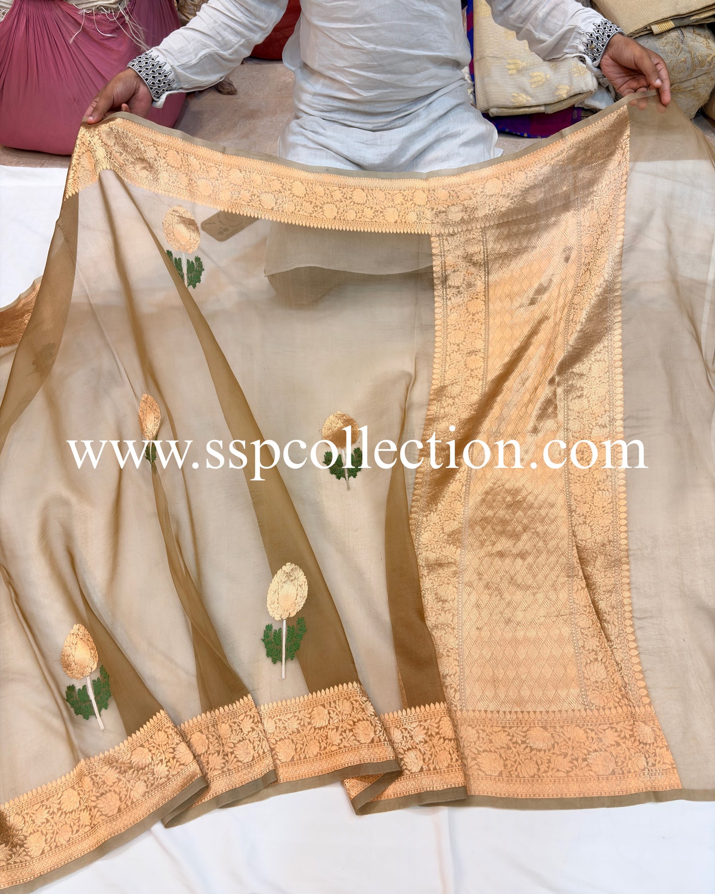 Camel Pure Kora Silk Tilfi Banarasi Saree