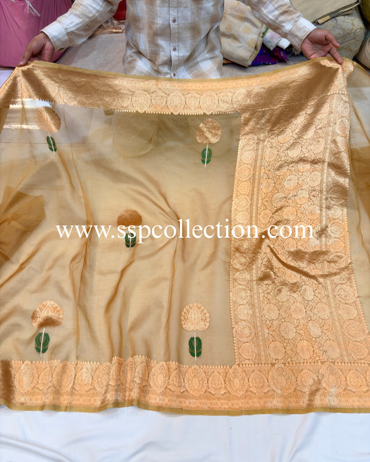 Olive-Gold Pure Kora Silk Tilfi Banarasi Saree