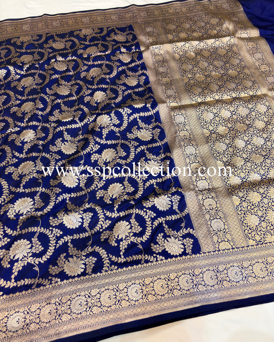 Navy-Blue Pure Katan Silk Alfi Banarasi Saree