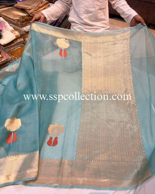 Greyish-Turquoise Pure Kora Silk Tilfi Banarasi Saree