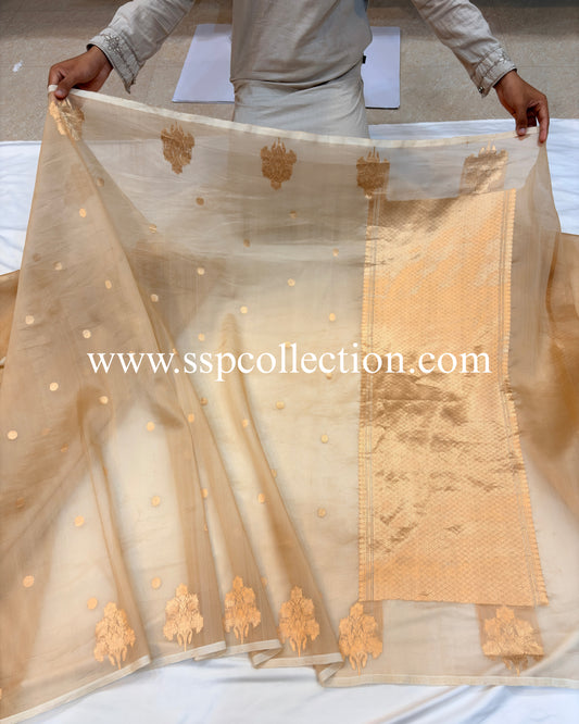 Beige-Gold Pure Kora Silk Banarasi Saree
