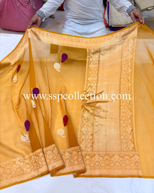 Mustard-Gold Pure Kora Silk Tilfi Buta Banarasi Saree