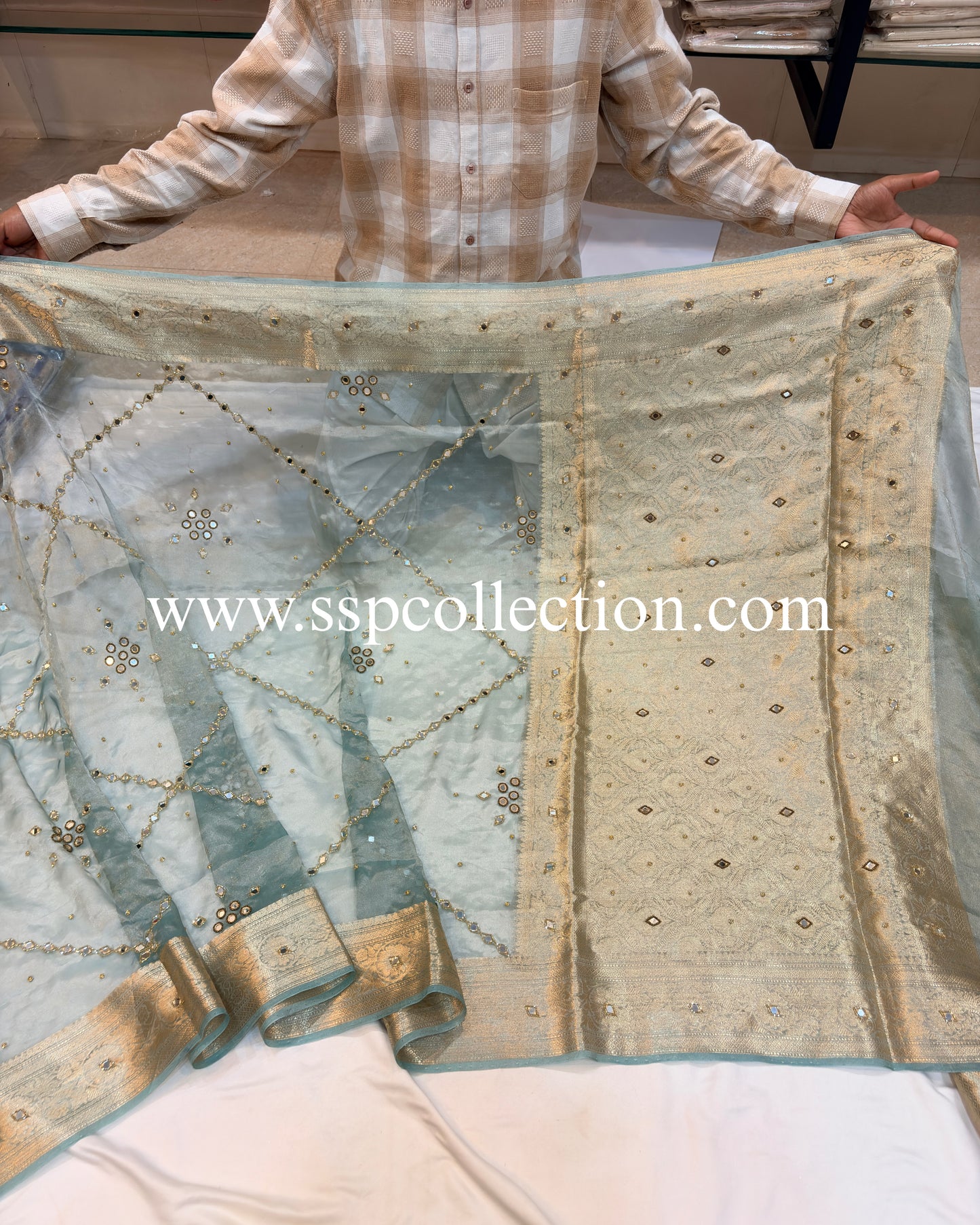 Crystal-Blue Pure Tissue Silk Zardozi Banarasi Saree