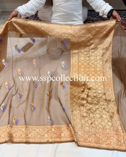 Muddy-Brown Pure Kora Silk Banarasi Saree