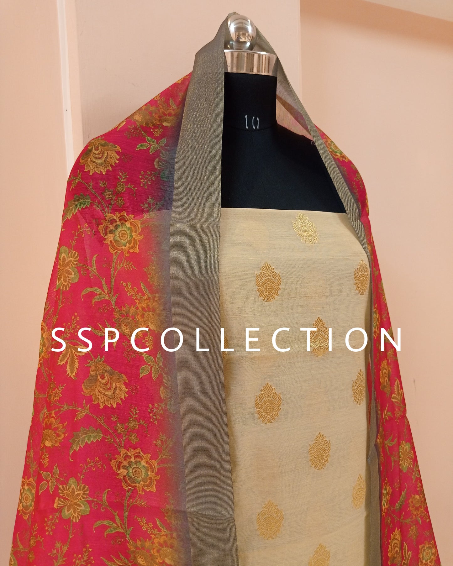 Beige Banarasi Cotton Chanderi Kurta With Strawberry Organza Dupatta