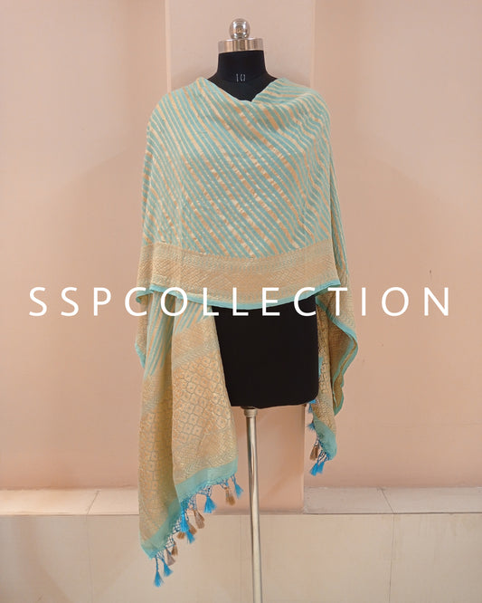 Powder Blue Banarasi Pure Georette Rangkaat Dupatta