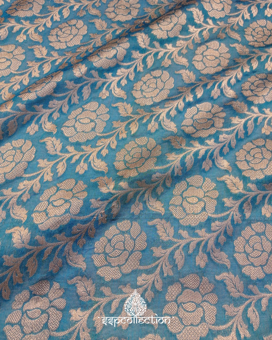 Sky-Blue Banarasi Pure Cotton By Kora Silk fabric