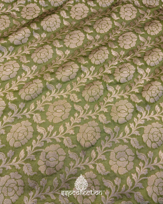 Green Banarasi Pure Cotton By Kora Silk fabric