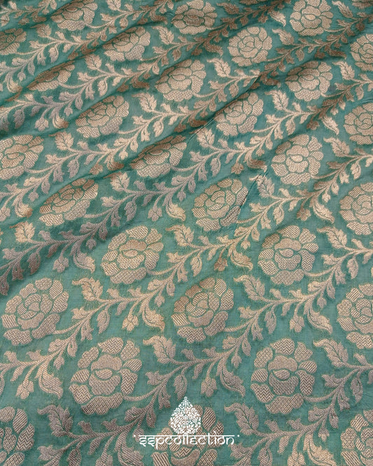 Light-Green Banarasi Pure Cotton By Kora Silk fabric