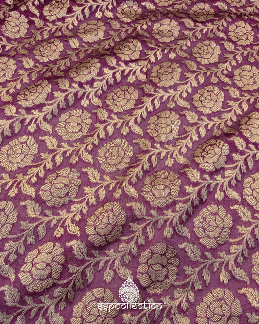 Purple Banarasi Pure Cotton By Kora Silk fabric