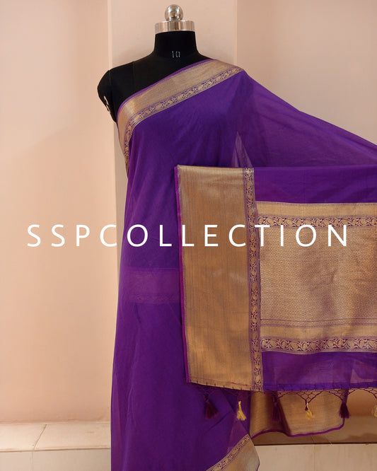 Puple Banarasi Premium Cotton Silk Saree