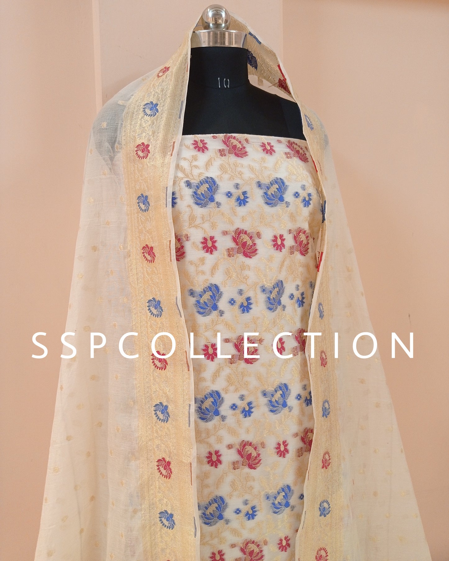 White Banarasi Premiuim Cotton Jamdani Pattern Suit