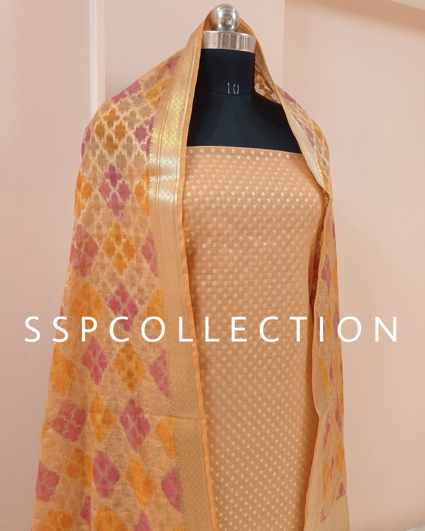 Light Orange Banarasi Premium Cotton Brush-Paint Suit
