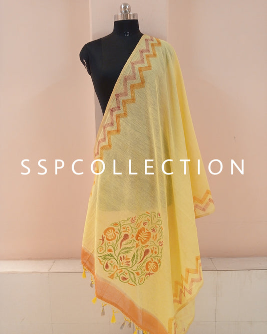 Light-Yellow Banarasi Pure Cotton Brush-Paint Dupatta