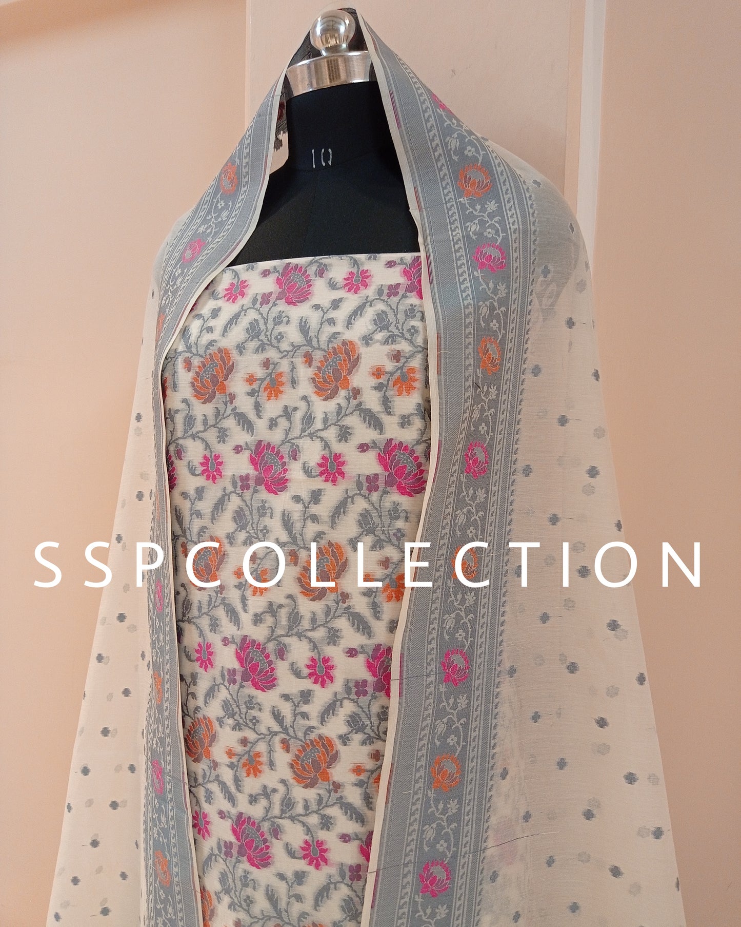 White Banarasi Premiuim Cotton Jamdani Pattern Suit